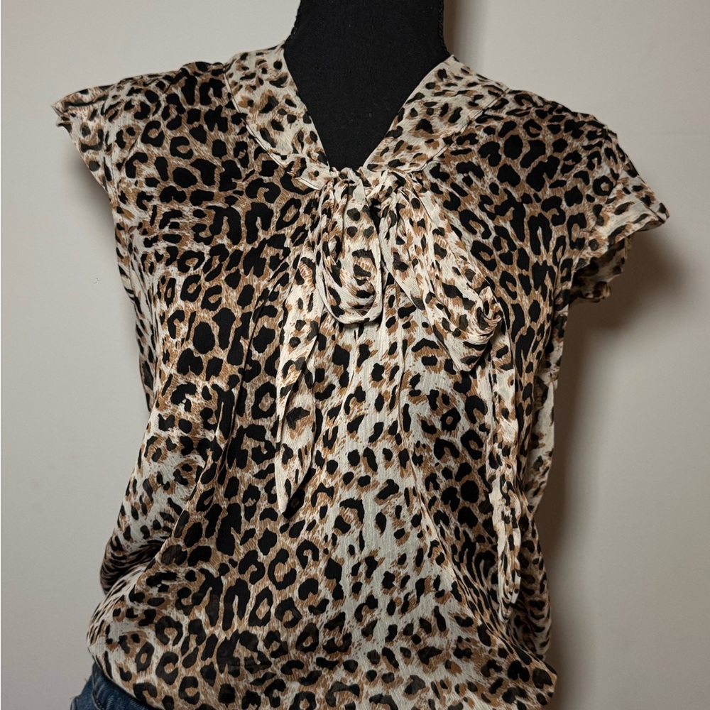 Leopard Print Tie-Neck Blouse - Black, Tan, Cream